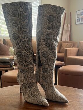 Express Over-the-Knee Snake-Print Boots in Gray and Black